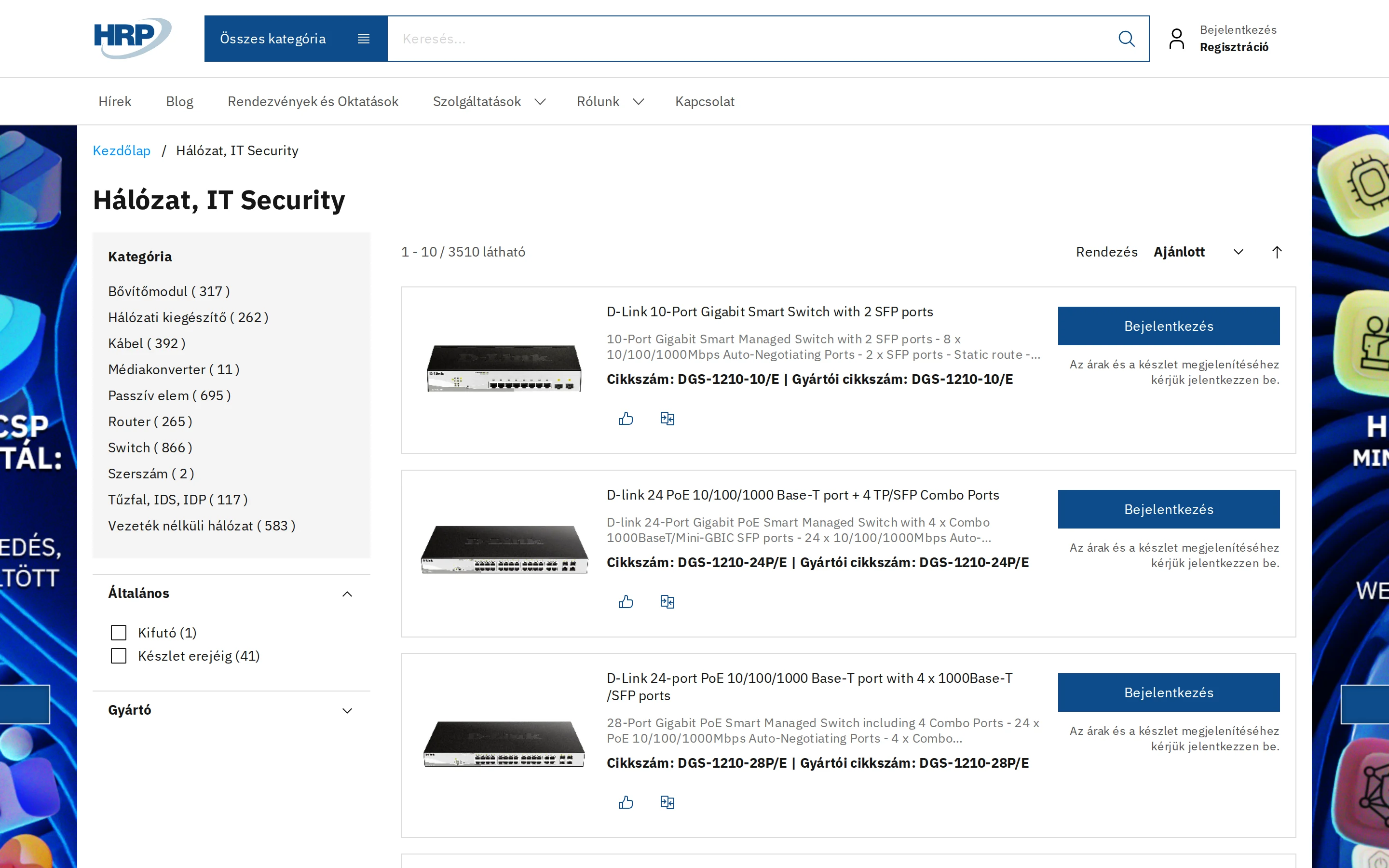 The Networking and IT Security category of hrp.hu on desktop, with category filters and the product list