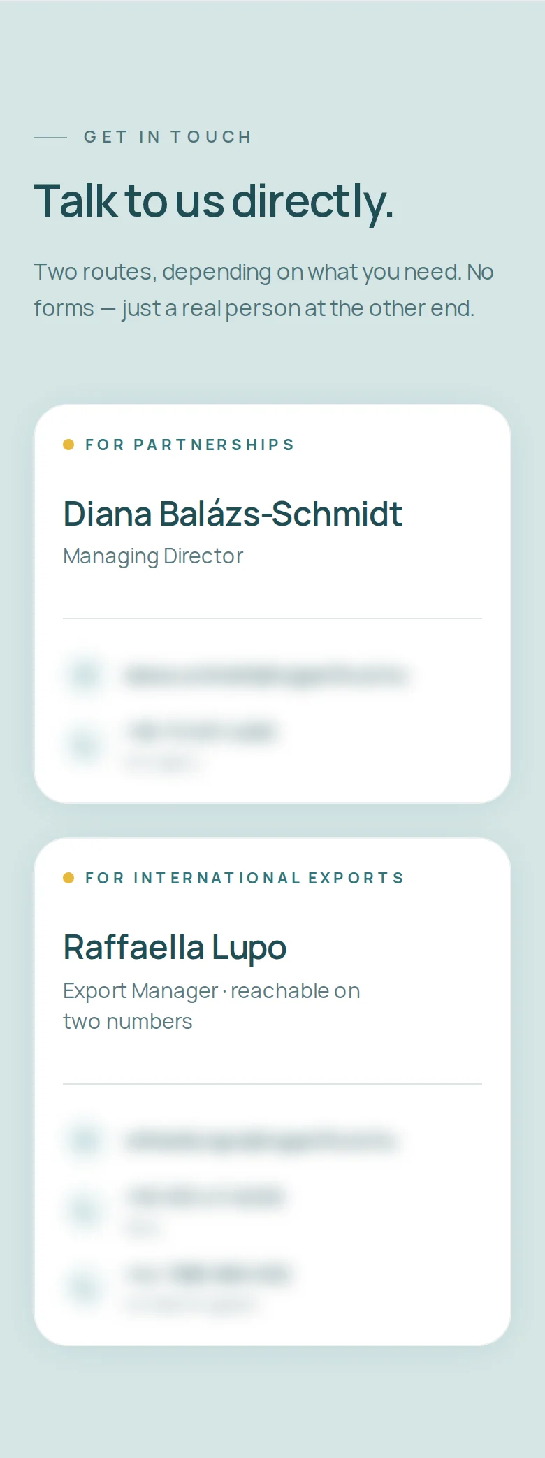 The “Talk to us directly” section of toppetfood.eu on mobile with the two contact cards (contact details blurred)