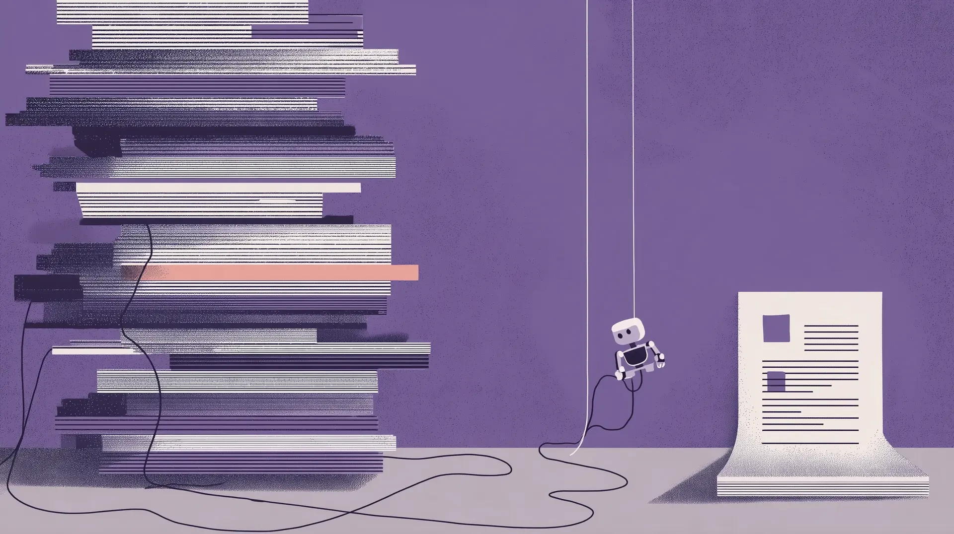 A small robot hangs on a string between a huge, messy stack of documents and a single tidy document, on a purple background.